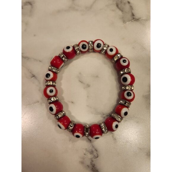 Evil Eye Red & Silver Beaded Stretch Protection Bracelet - Picture 1 of 3